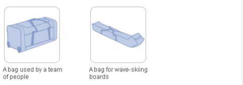 A bag used by a team of people and a bag for wave-skiing boards
